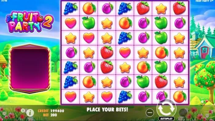 Fruit Party 2 slot machine interface with fruit symbols and multipliers