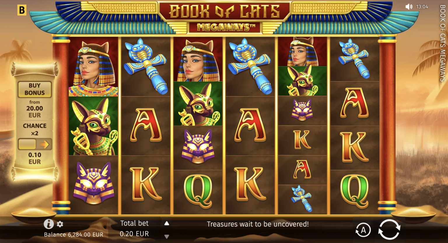 Pokerdom казиносындағы BGaming провайдерінің Book of Cats Megaways слотының интерфейсі