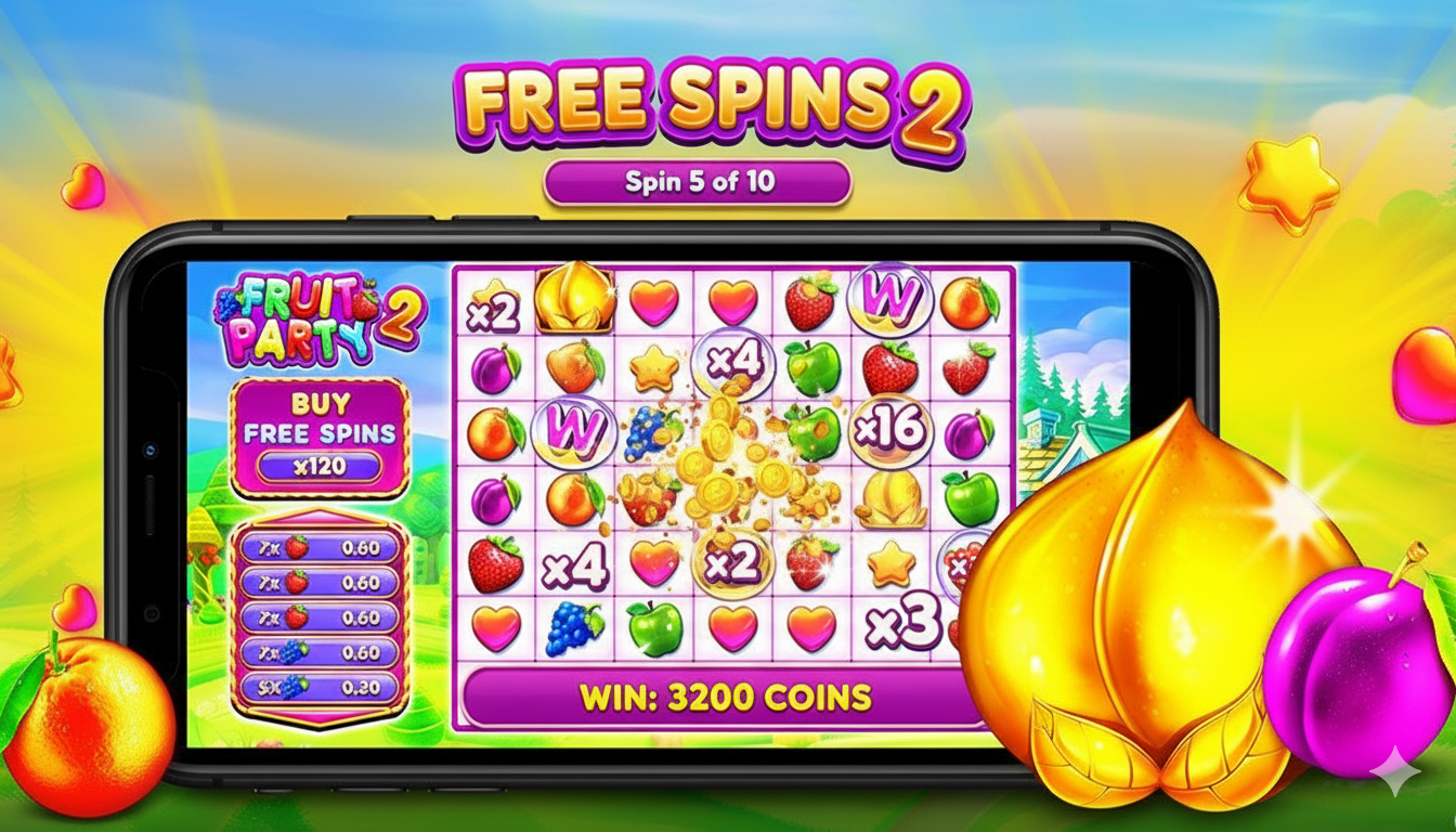 Free Spins bonus round in Fruit Party 2 slot with cumulative multipliers