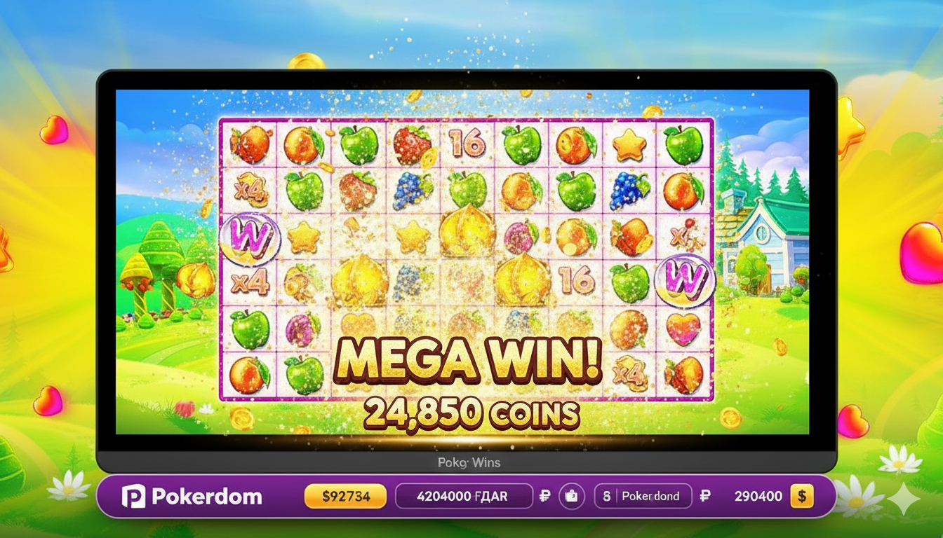 Screenshot of a big win in Fruit Party 2 slot at Pokerdom casino
