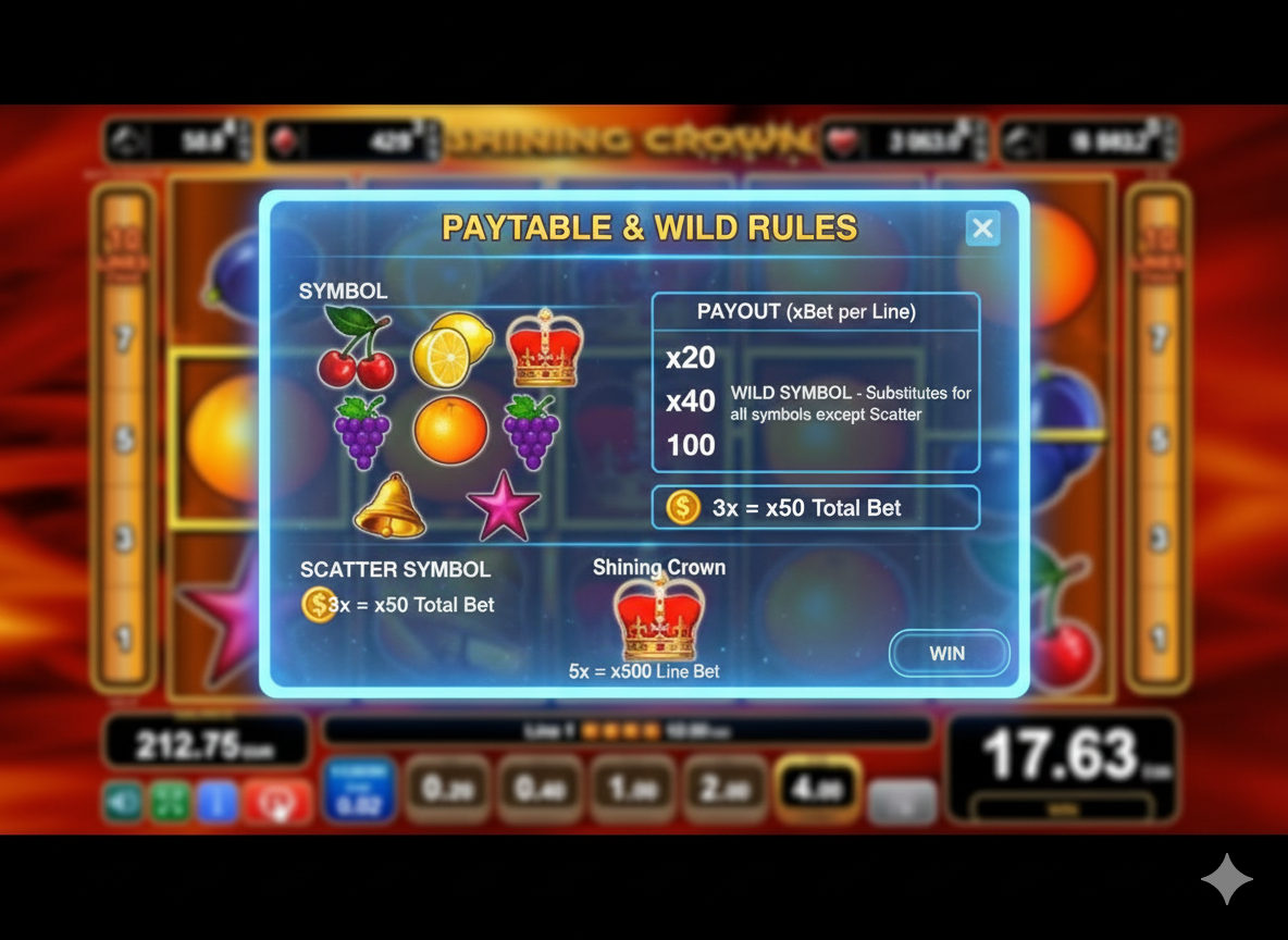 Таблица символов и Wild в слоте Shining Crown