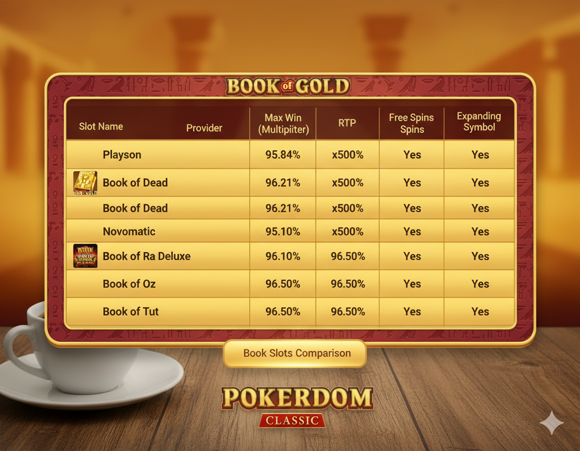 Покердомда китоб слотларининг қиёсий жадвали