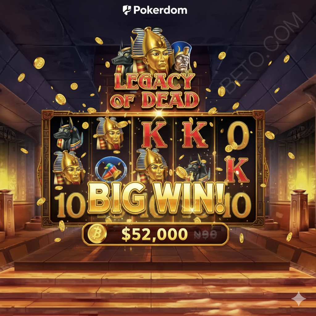 Скриншот крупного выигрыша в слоте Legacy of Dead на Pokerdom