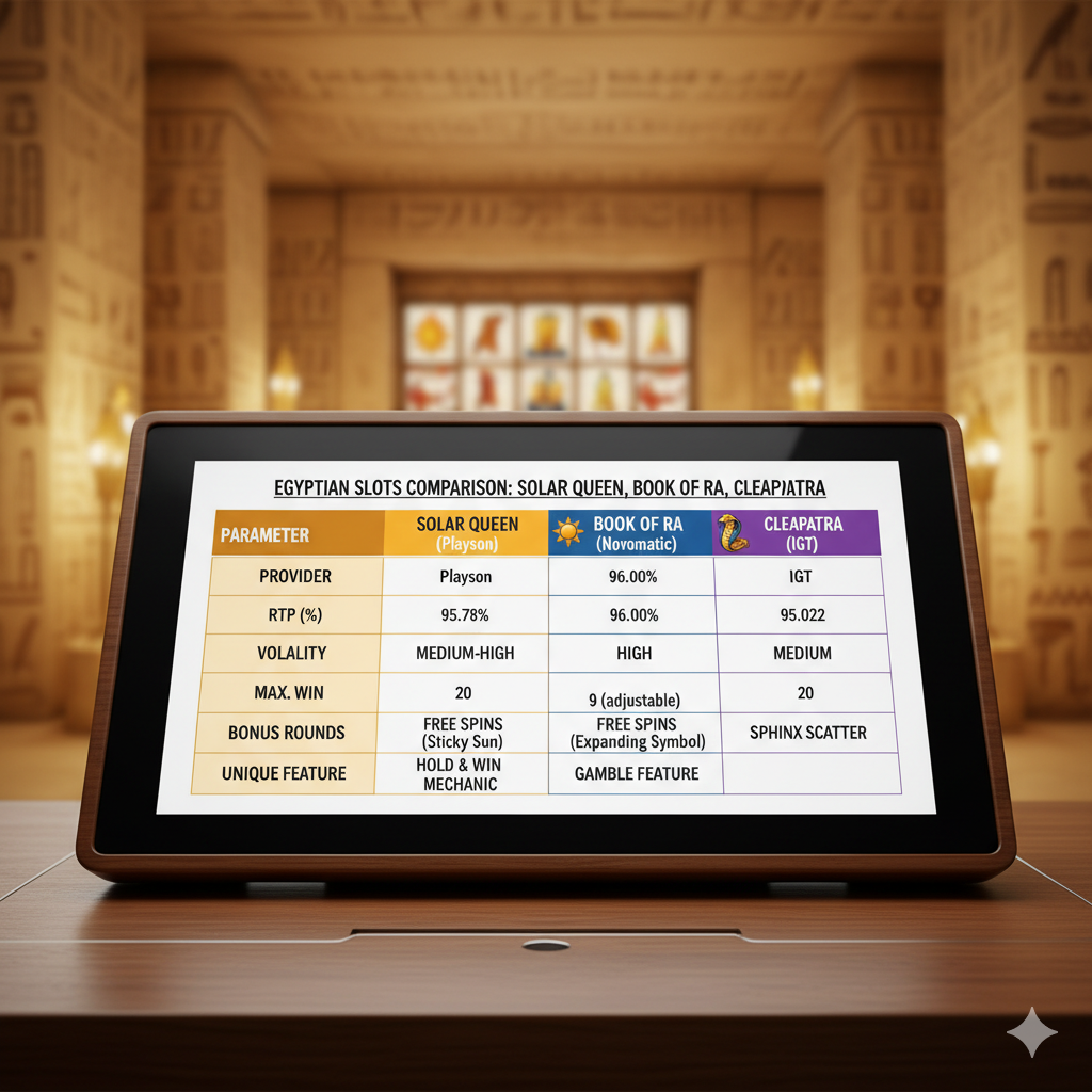 Сравнительная таблица египетских слотов: Solar Queen, Book of Ra, Cleopatra