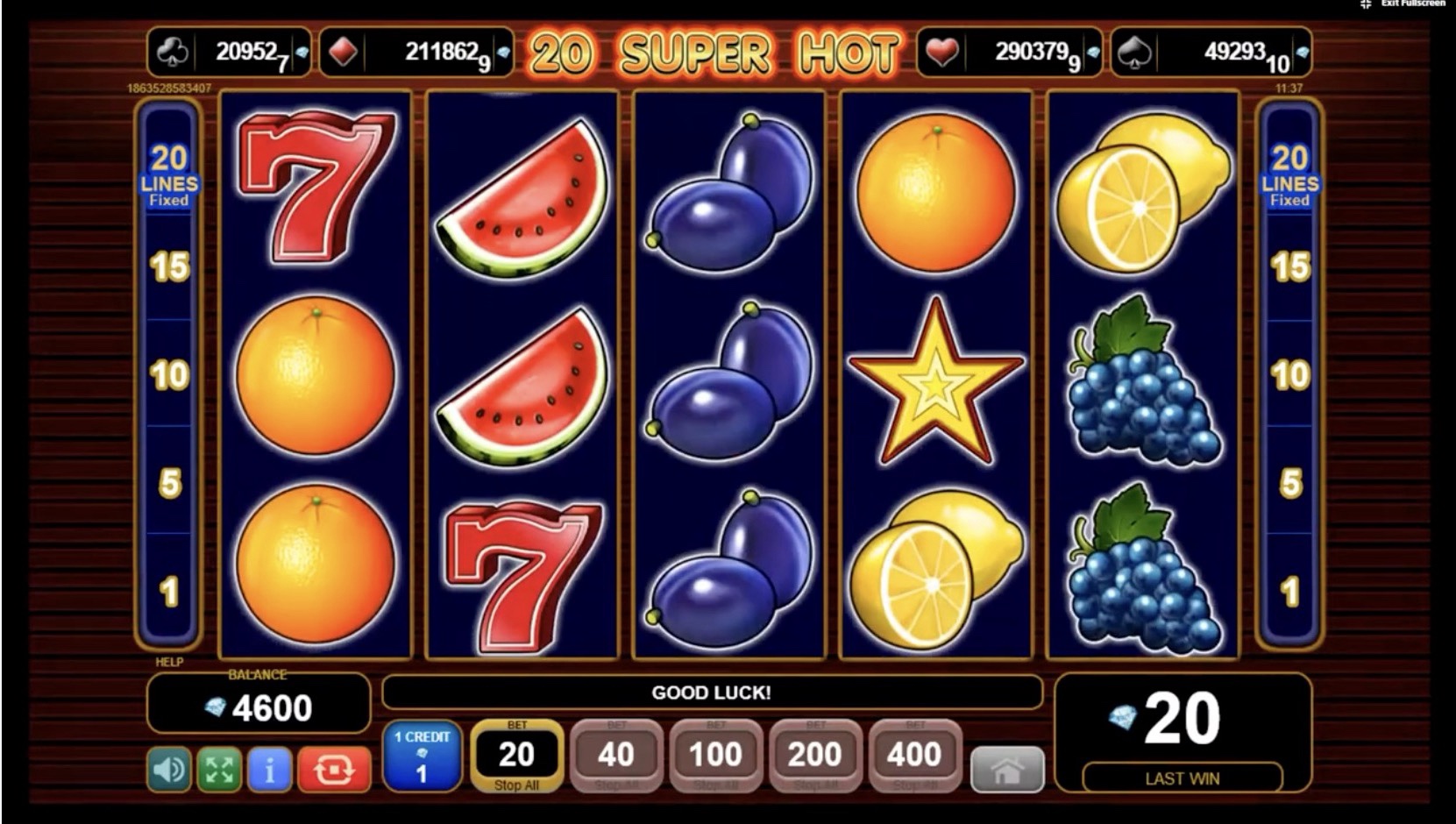 Amusnet tomonidan taqdim etilgan 20 Super Hot o'yin avtomati interfeysi