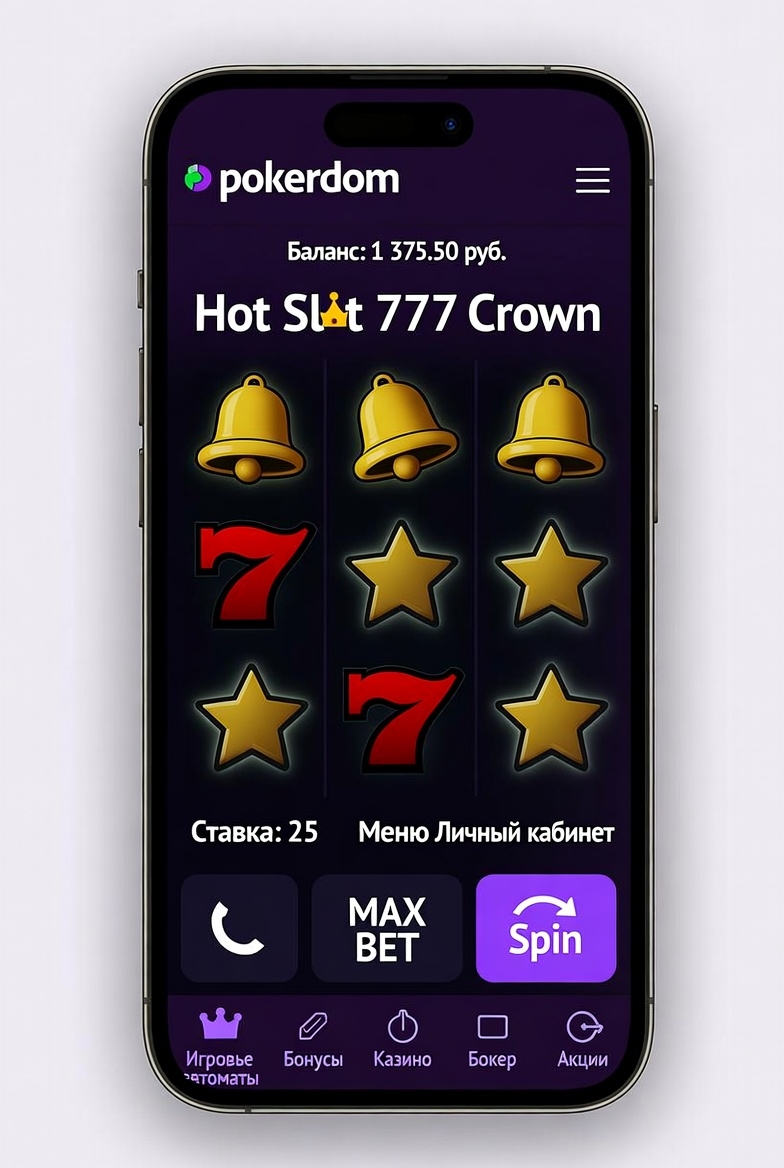 Интерфейс мобильного приложения Pokerdom с запущенным слотом Hot Slot 777 Crown