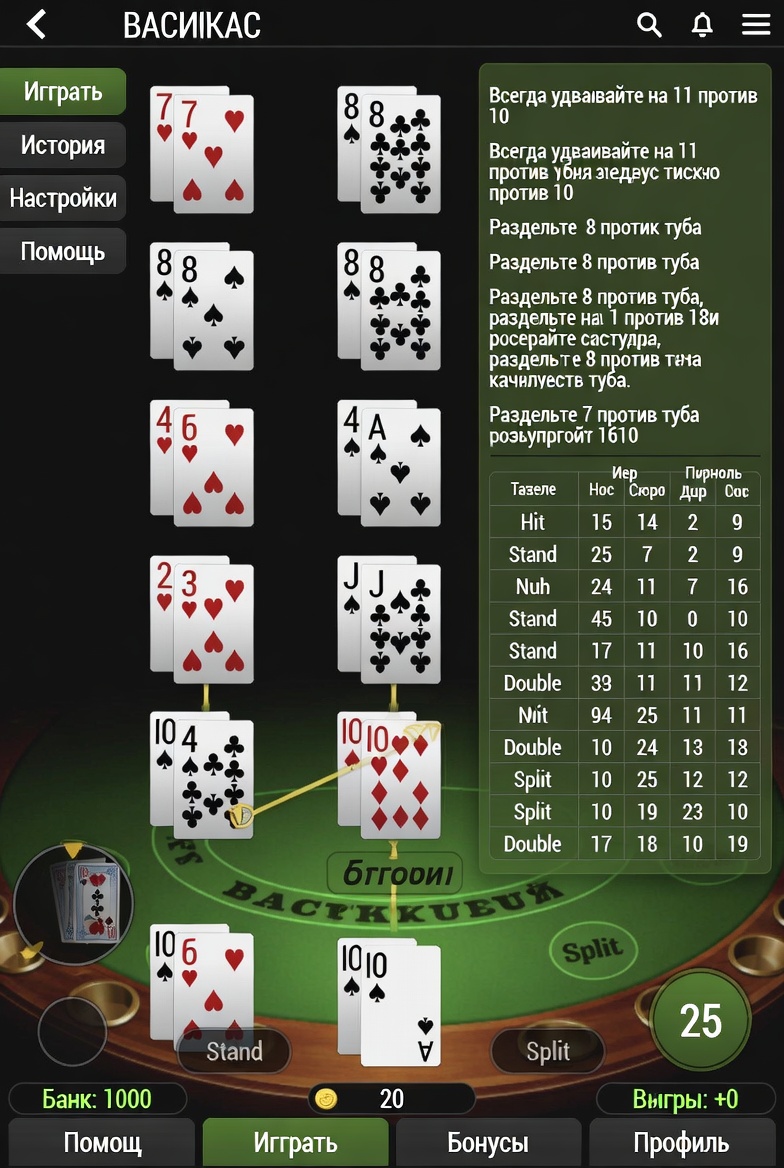 Интерфейс Blackjack Multihand с подсказками стратегии